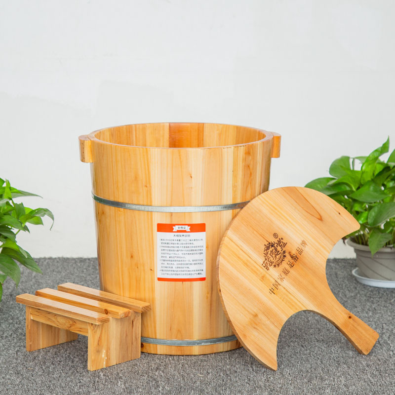 藏奥堂养生高40cm家用泡脚桶足浴实木桶洗脚熏蒸桶足疗盆带盖小凳