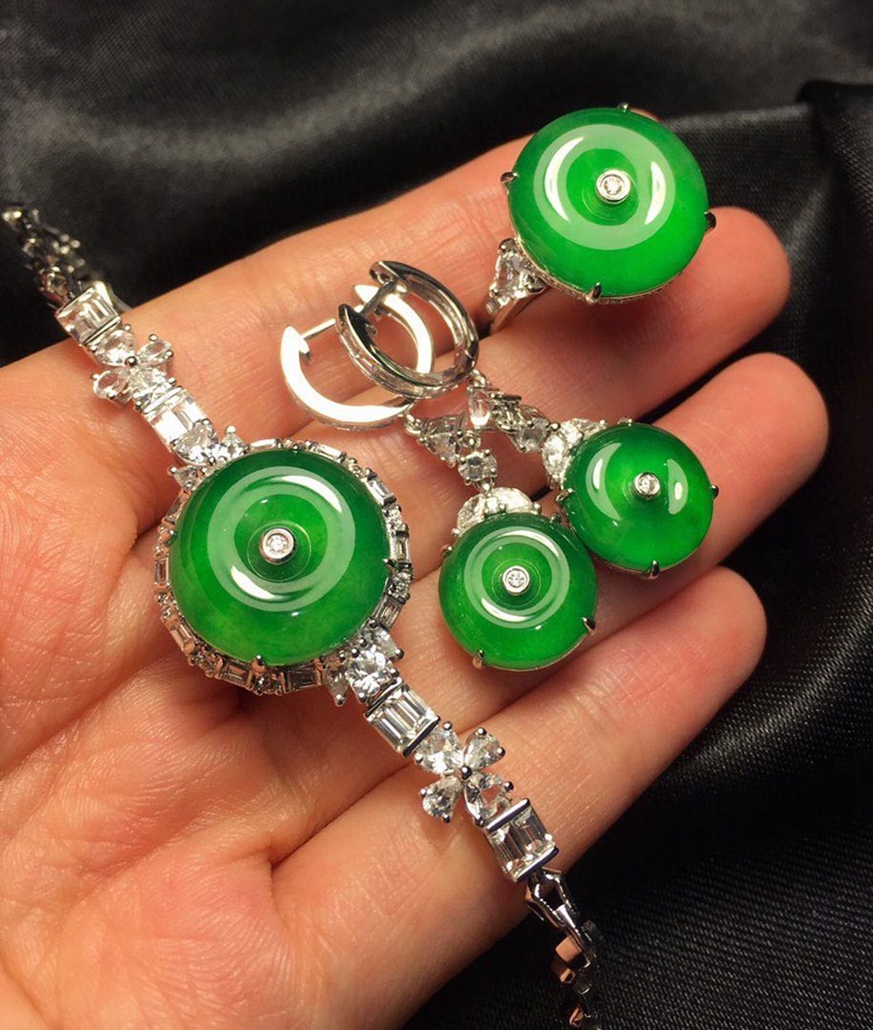 a货翡翠批发 平安扣套装戒指手链耳坠 18k金镶高冰种翡翠首饰套装