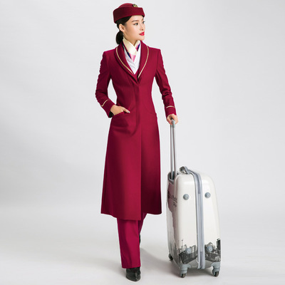 南航空姐制服款毛呢外套酒店前台呢子大衣玫红色超长过膝款冬装女