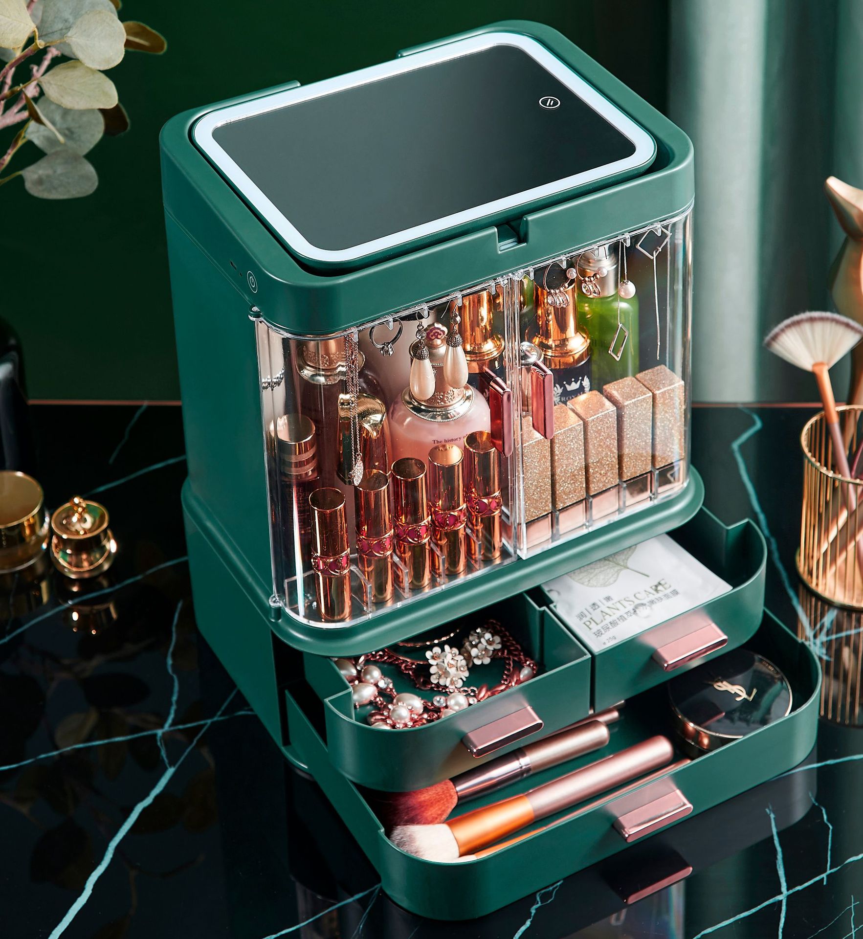 led灯网红化妆品收纳盒镜子抽屉式手提防尘桌面护肤品置物化妆盒