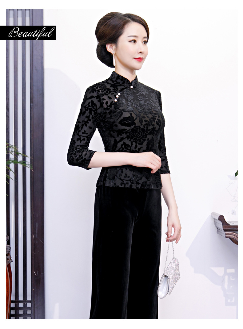 丝绒套装旗袍复古国风黑色上下两件套改良旗袍七分袖立领唐装上衣