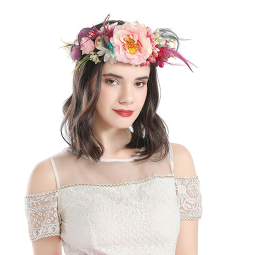 创意款仿真花羽毛发带欧美头饰新娘婚礼圣诞花环外贸发饰厂家直供