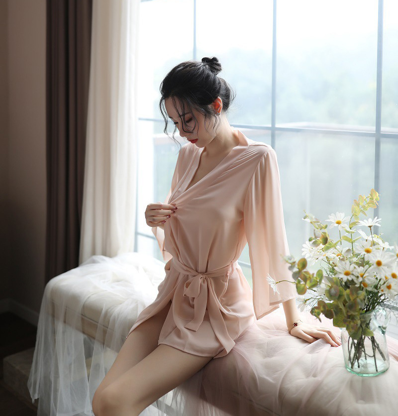 继浩情趣内衣新品性感诱惑女装透明雪纺睡袍三点式浴袍套装外贸
