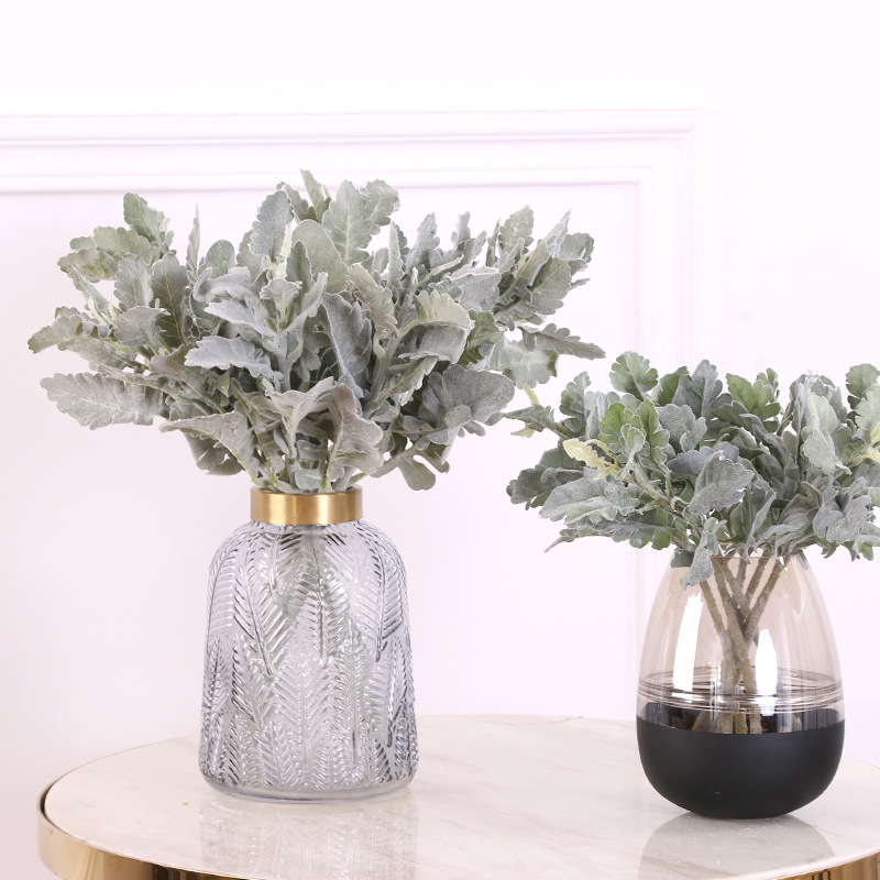 高档仿真银翘叶居家装饰插花配材兔儿叶仿真植物植绒叶子银翘叶
