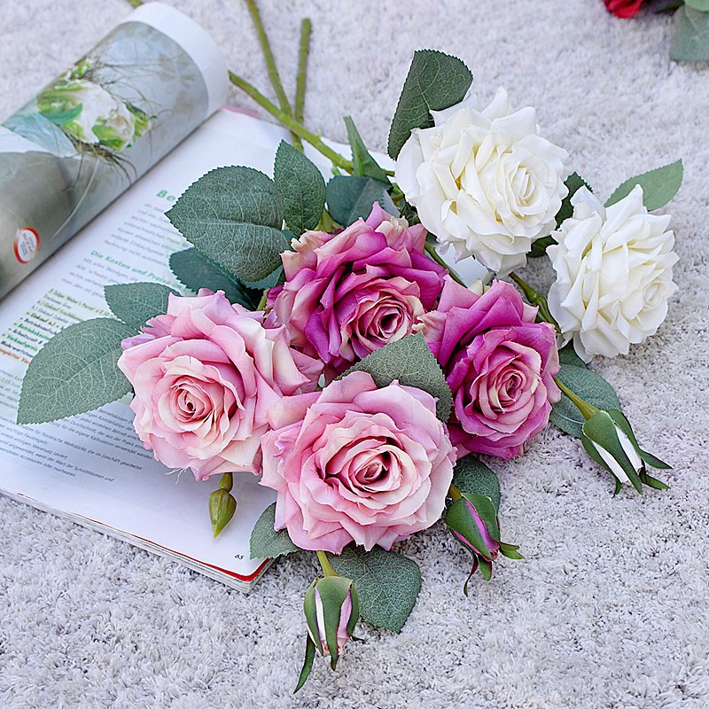 欧式3头多层卷边玫瑰  人造花假花仿真花家居酒店婚庆摄影道具