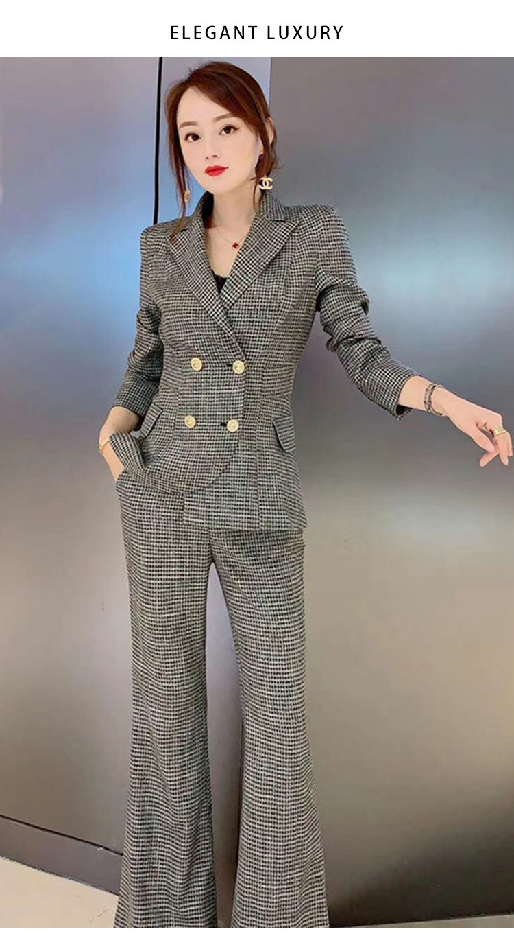 千鸟格西装套装女秋冬新款洋气西服减龄穿搭喇叭格子阔腿裤两件套