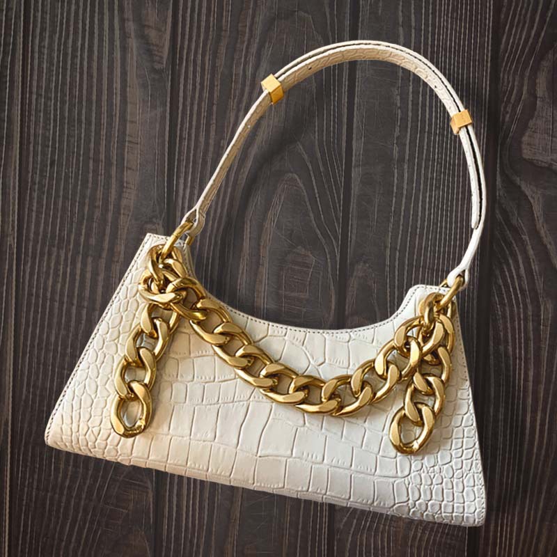 2020新款复古粗链条法棍包鳄鱼纹牛皮腋下包小众单肩手拎半月包女