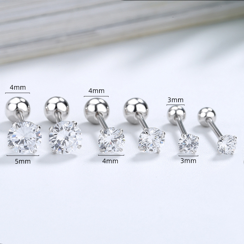 S925 Sterling Silver Zircon Four-Claw round Beads Thread Stud Earrings Female Screw Tightening Buckle Ear Bone Stud Simple Fashion Ear