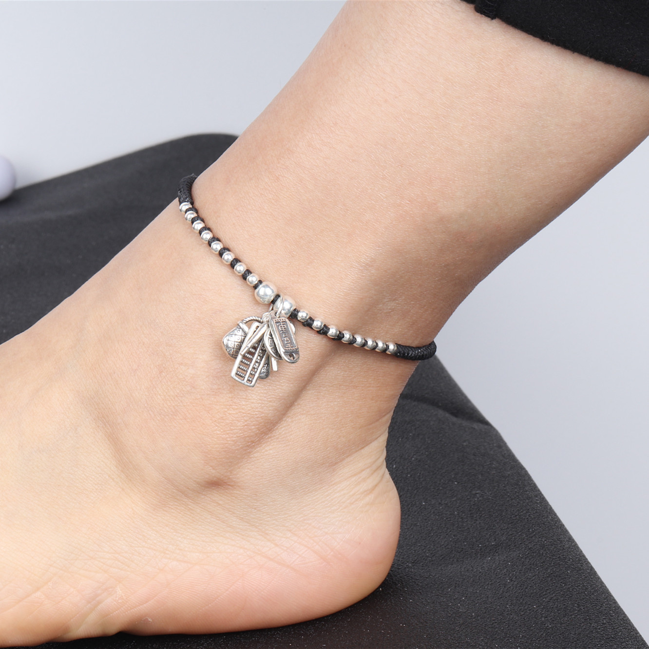 s925纯银七宝圆珠脚链 女泰国蜡绳手工圆珠编织 复古吉祥七宝脚饰