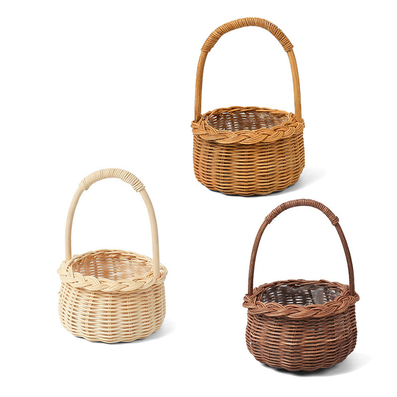 藤编迷你花边圆形小篮子手提鲜花篮防水篮