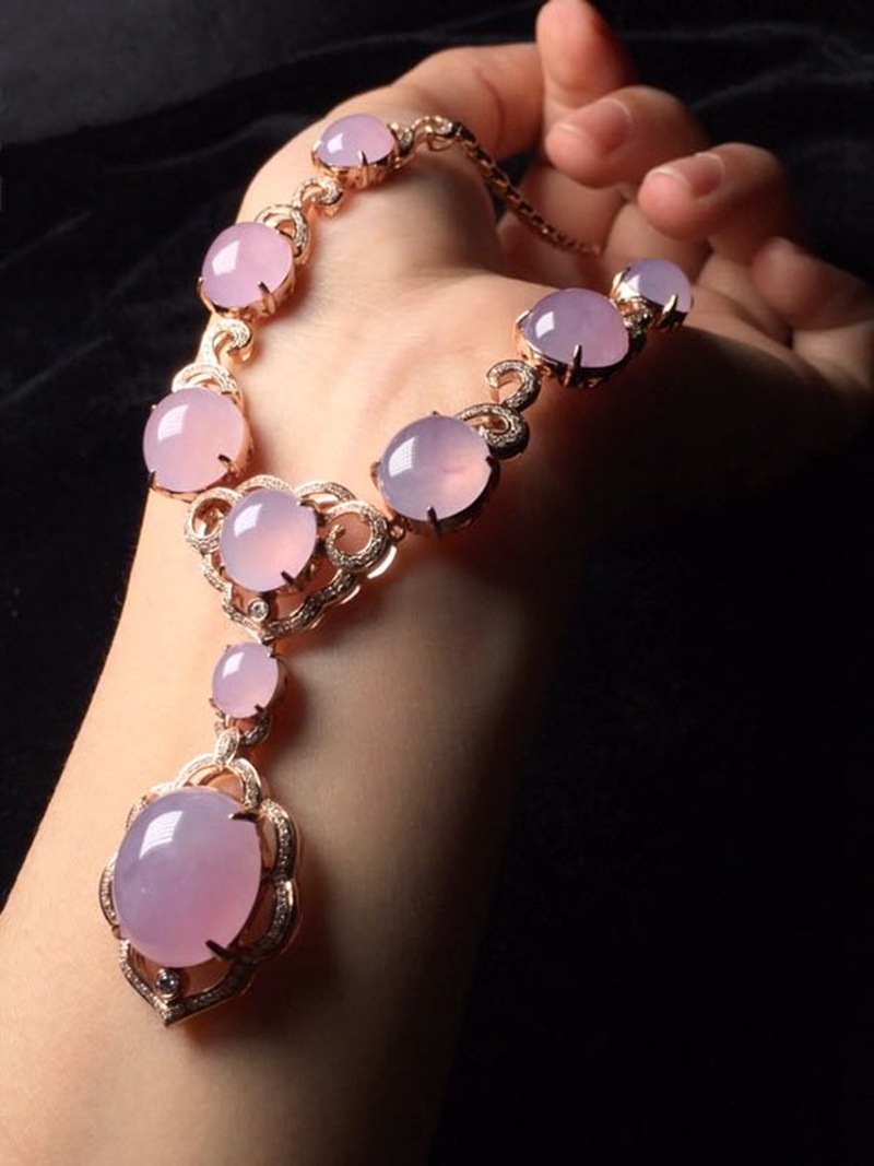 宏开高货翡翠 高冰种紫罗兰翡翠蛋面项链 18k金镶嵌玉石翡翠女士