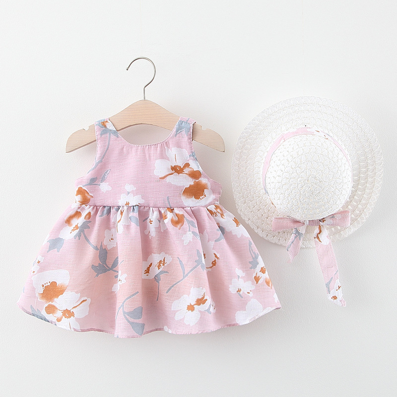 A749 Summer New Type Baby Girl Vest Dress Princess Dress 1234-Year-Old Chest Big Bow Floral Dress with Hat