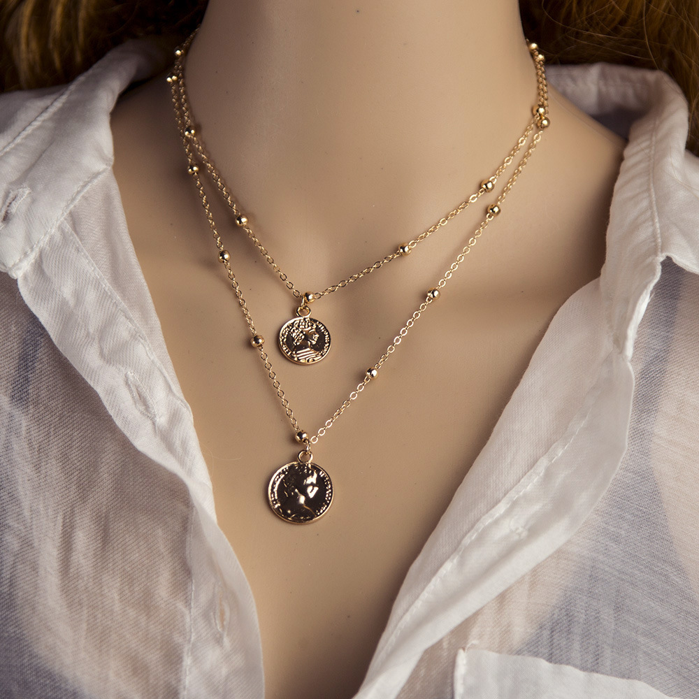跨境 夏季新品简约双层复古钱币吊坠项链 欧美街拍锁骨链