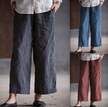 跨境eBay亚马逊wish女装新品外贸 纯色棉麻大码休闲宽松直筒长裤