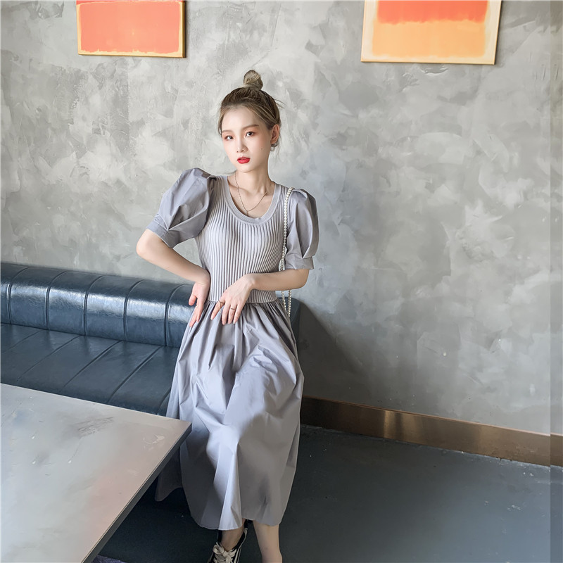 女装淑女拼接针织连衣裙女夏法式长款方领泡泡袖复古宫廷裙