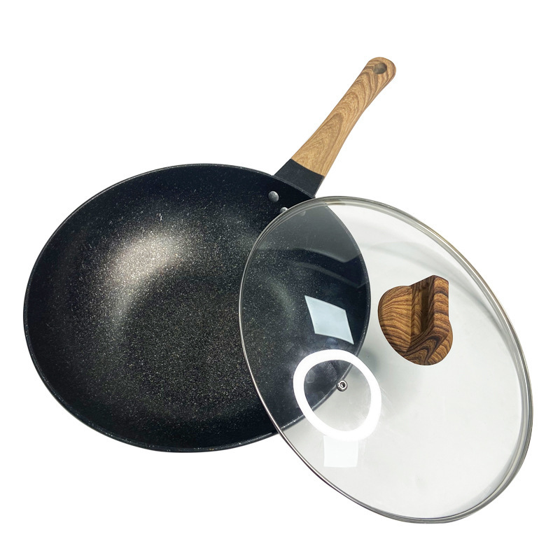 龙滋味工厂直营麦饭石不粘锅金钢岩火山岩铸铁无烟锅32cm平底炒锅