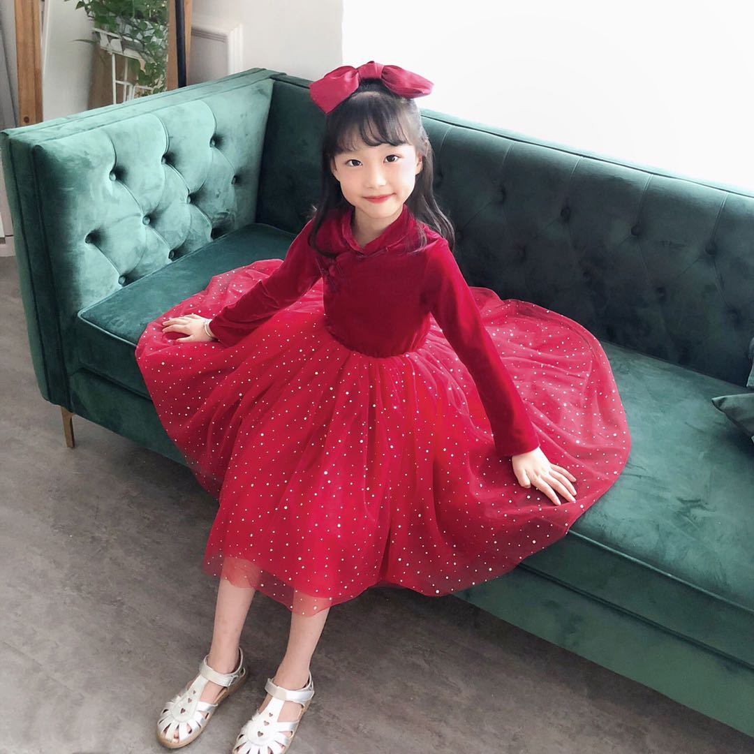 女童旗袍连衣裙2020新款秋装洋气中小儿童小女孩红色汉服公主裙子