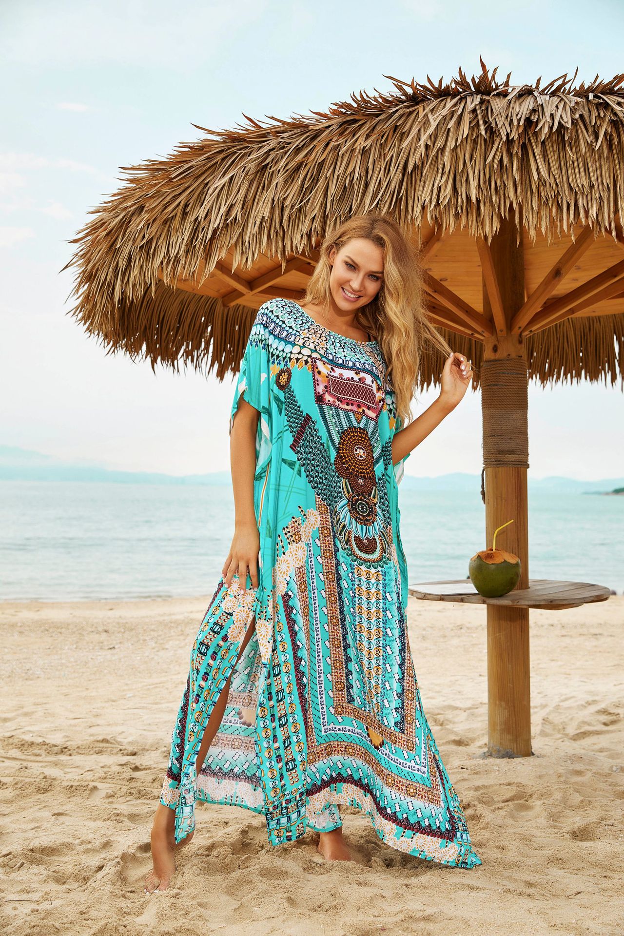 239人棉定位印花比基尼沙滩罩衫,沙滩裙,度假长袍