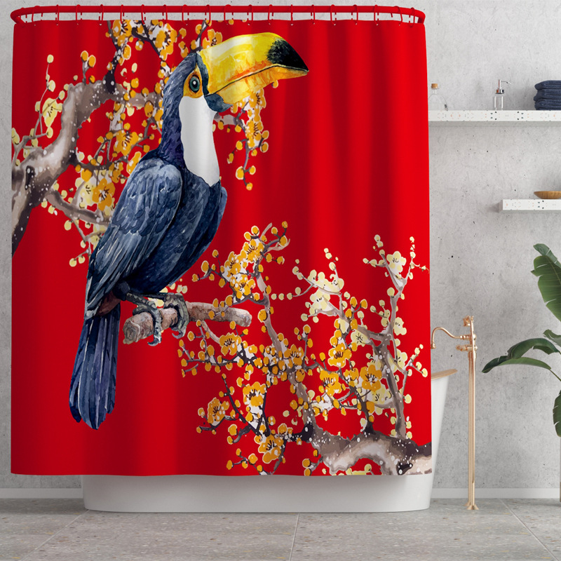 New Field Flower-Bird Print Waterproof Shower Curtain Carpet Four-Piece Set Toilet Mat Set Cross-Border AliExpress Hot Sale
