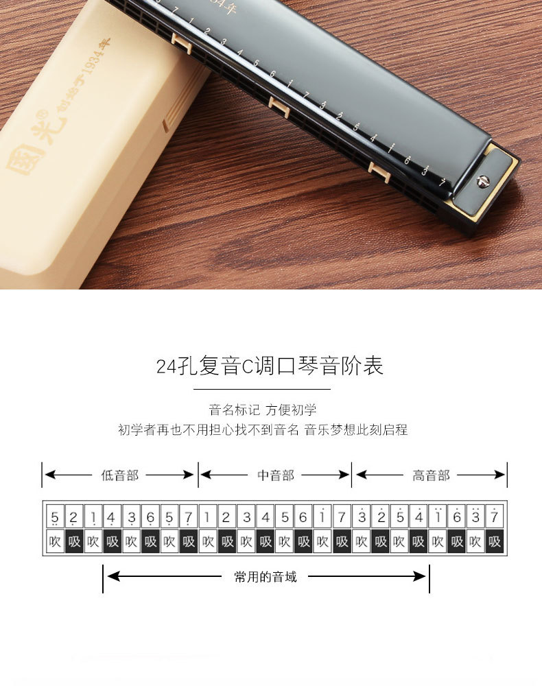上海国光口琴儿童学生初学成人自学24孔复音c调口琴重音纪念款琴