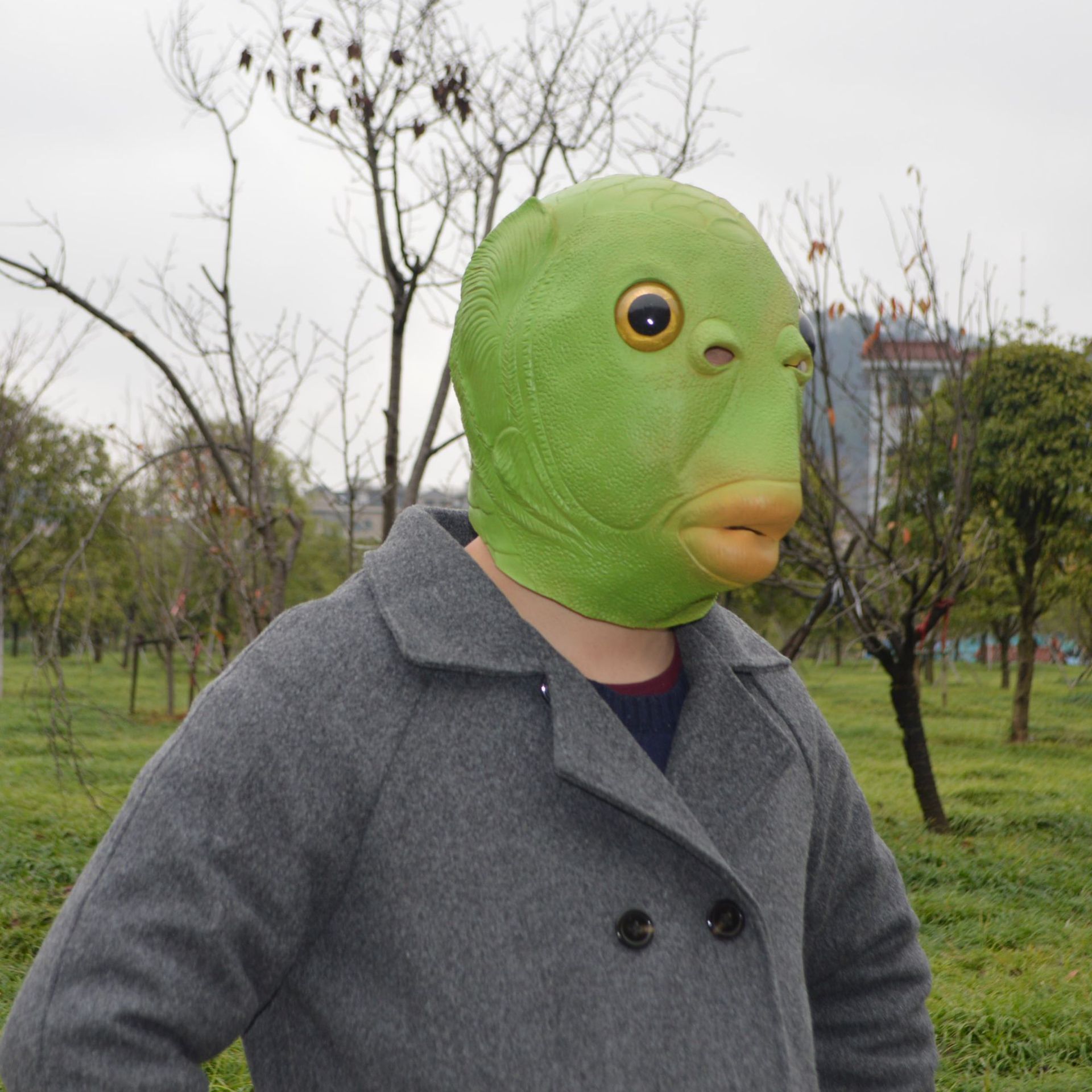 绿鱼人头套怪怪鱼面具抖音搞怪搞笑动物鱼头套可爱万圣节表演道具