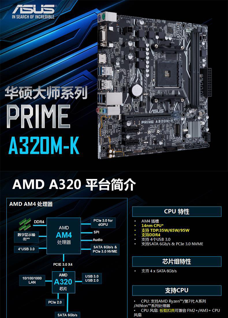 asus华硕 prome a320m k系列电竞主板支持1.2.3代锐龙 速龙处理器