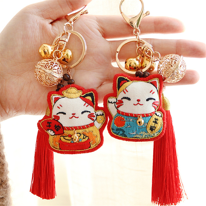 手工刺绣diy材料醒狮钥匙扣喜乐猫平安符香包汽车情侣挂件送男友