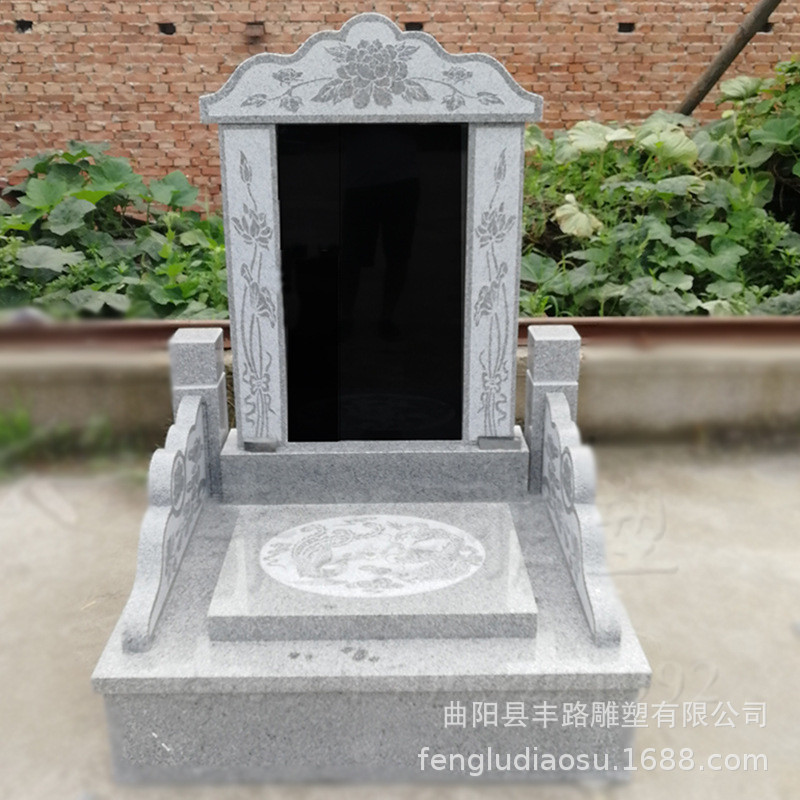 定制石雕墓碑 芝麻白花岗岩单穴墓碑 墓地组合狮子套碑批发销售