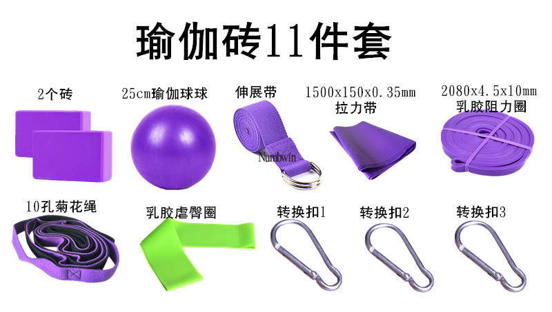 瑜伽砖11件套25cm瑜伽球乳胶拉巾伸展带2080阻力圈10孔菊花绳瑜伽