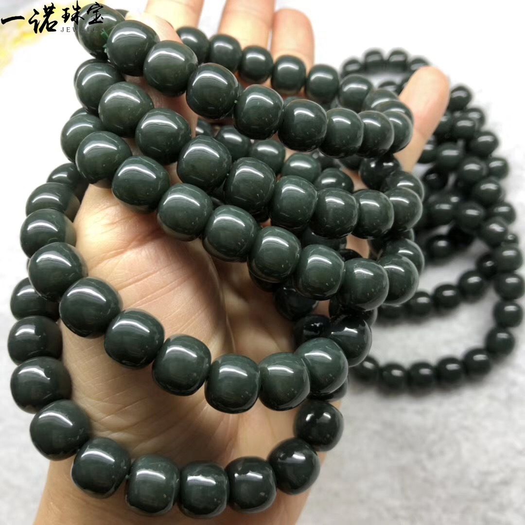 天然和田玉塔青老型珠手链手串 无杂裂 润度高尺寸10mm