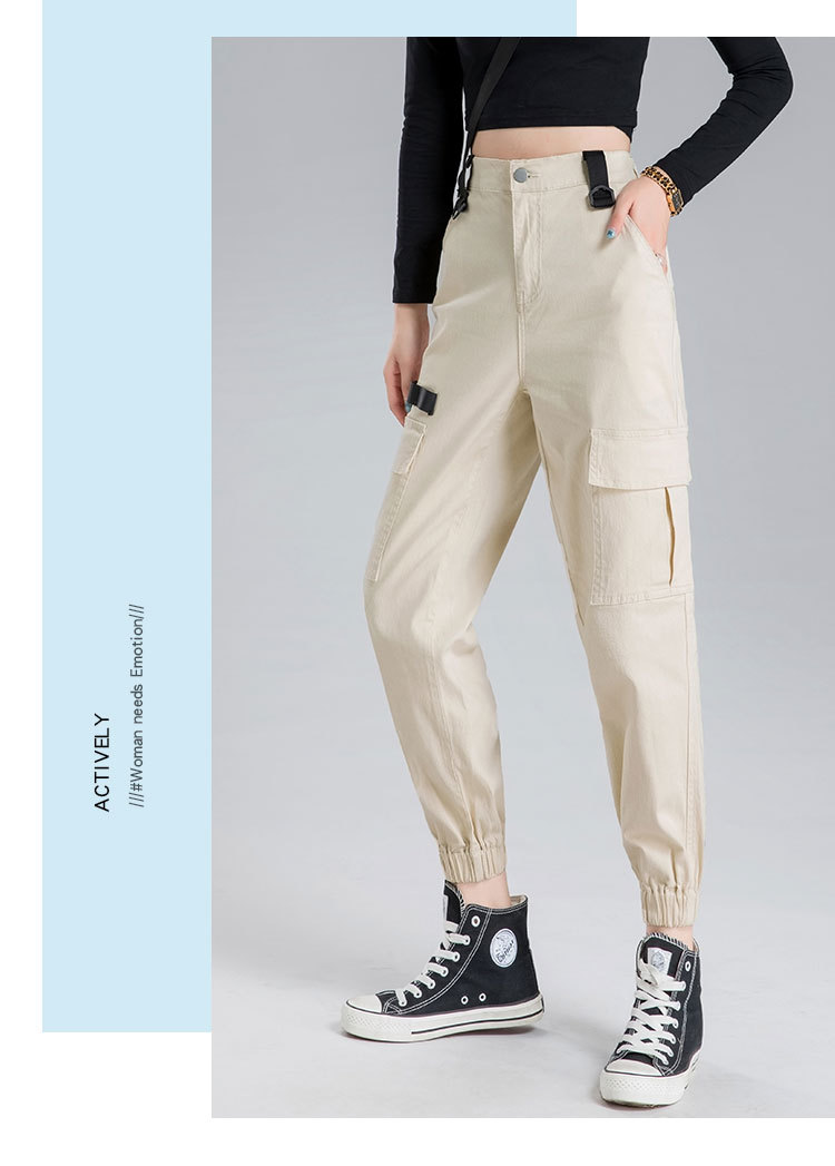 2020春夏季新款高腰工装裤女显瘦bf宽松直筒休闲运动束脚裤子