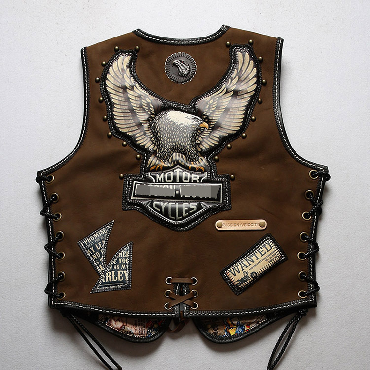 哈雷背心v领真皮机车马甲男女 摇滚朋克重金属油蜡牛皮马甲
