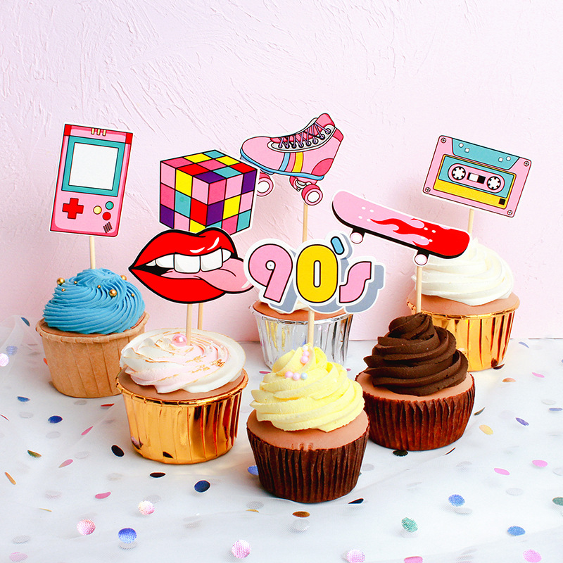印刷魔方溜冰鞋滑板90后七件套蛋糕插牌 年轻人派对蛋糕插件装饰
