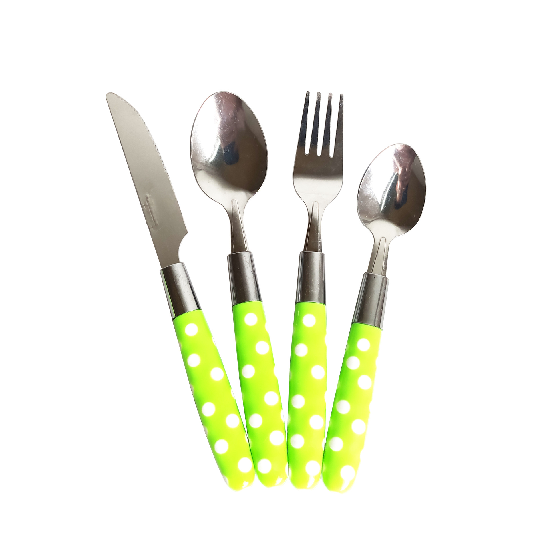 印尼市场 双色包胶圆点柄 24件套塑料柄餐具 不锈钢刀叉勺 散装