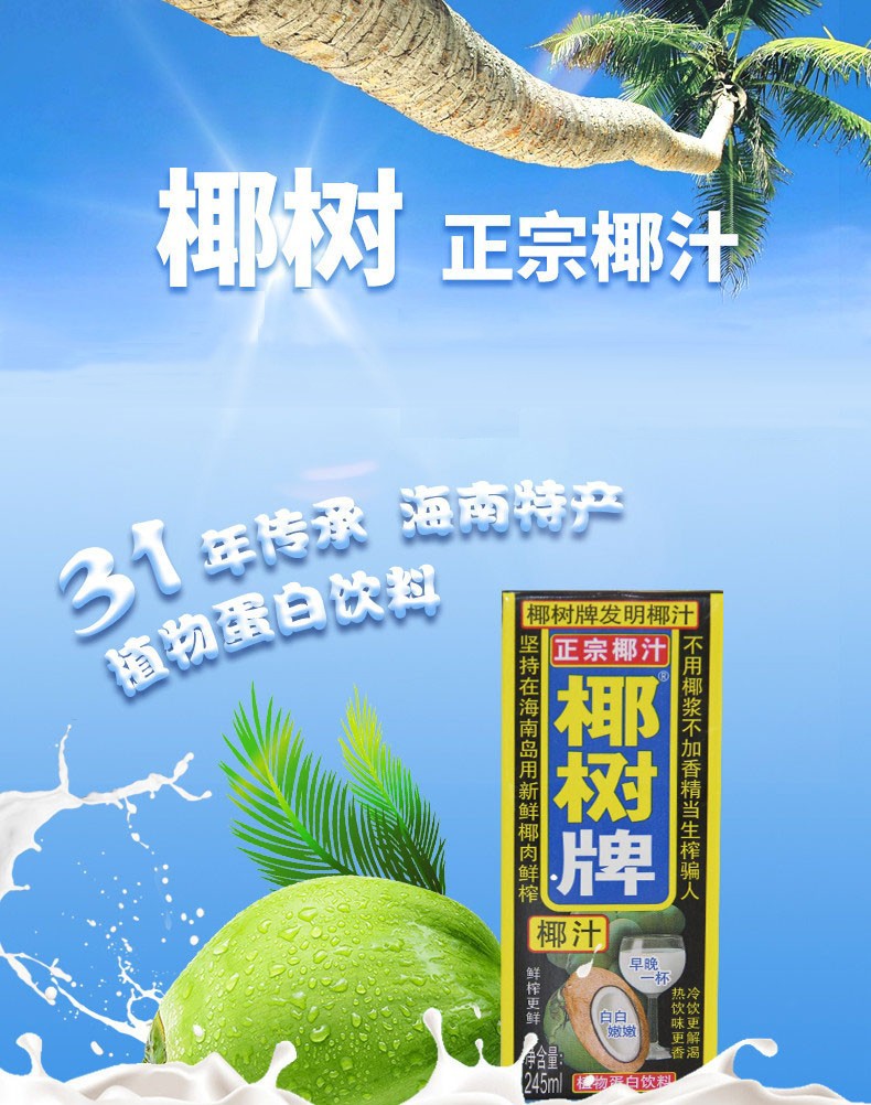 椰树牌椰子汁 植物蛋白饮料 椰树椰奶245ml*24盒装整箱