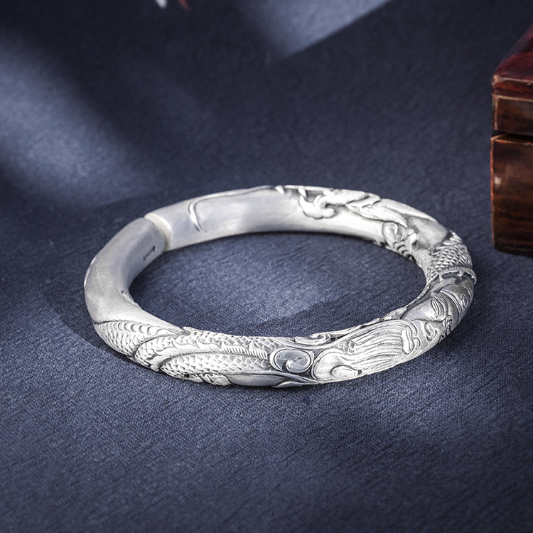 大理手工银手镯丽江雪花银飞龙在天手环开口圆柱腕饰