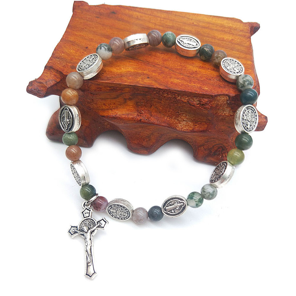 Foreign Trade E-Commerce Hot Sale Natural Stone Agate Cross Rosary Bracelet Religion Ornament Bracelet