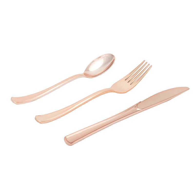 disposable rose gold plastic chinese and western tableware knife， fork and spoon set combination pizza fruit steak takeaway packing