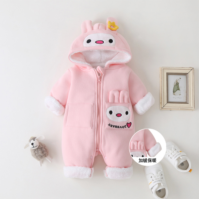 婴儿童卡通可爱兔子连体衣女宝宝秋冬装加绒加厚棉哈衣爬服拉链衫
