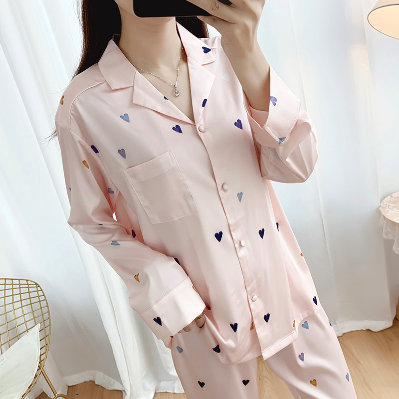 2021 New Pajamas Women's Spring and Autumn Ice Silk Thin Artificial Silk Long-Sleeved Trousers Two-Piece Set Sweet Loving Heart Homewear
