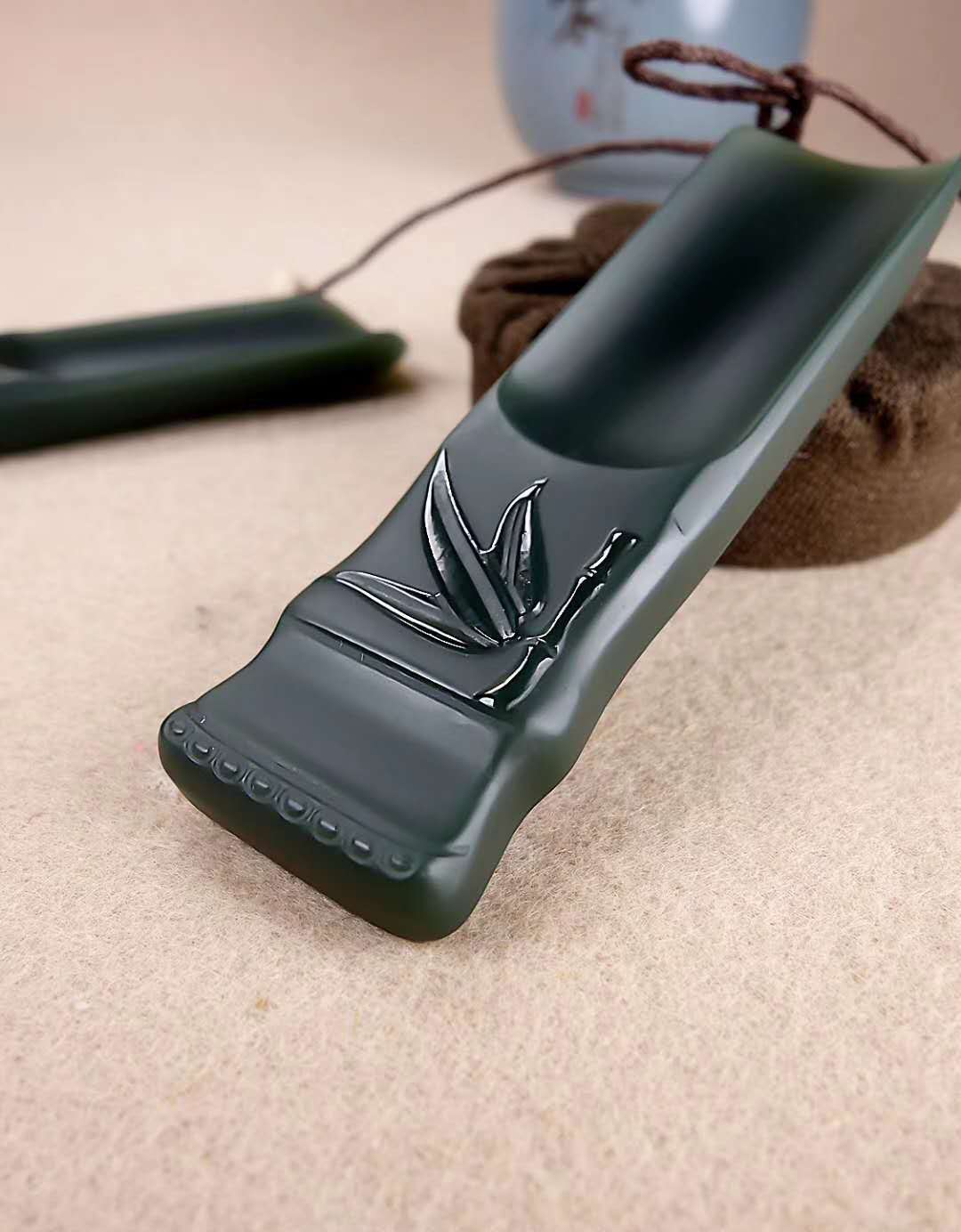 厂家批发新疆和田玉小茶铲 青玉新疆手工雕刻节节高升玉石茶铲