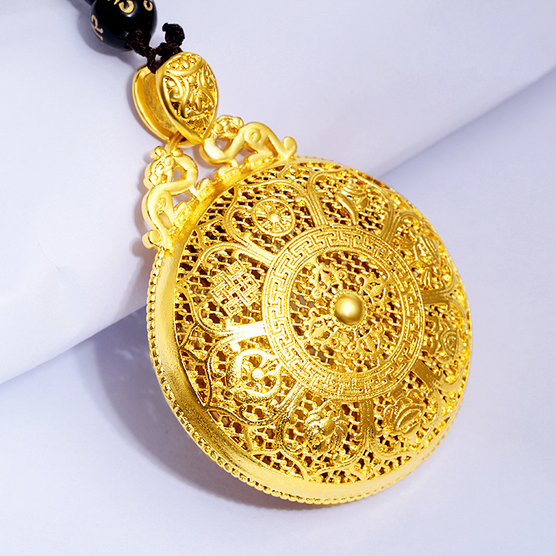 藏传密宗仿黄金吉祥八宝罗盘转运吊坠古法沙金实心镂空男女款挂坠