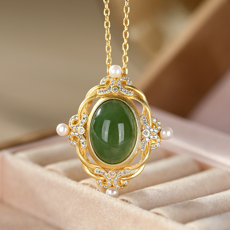 荟宝丽s925纯银镶嵌和田玉碧玉椭圆形珍珠锆石宫廷风复古项坠吊坠