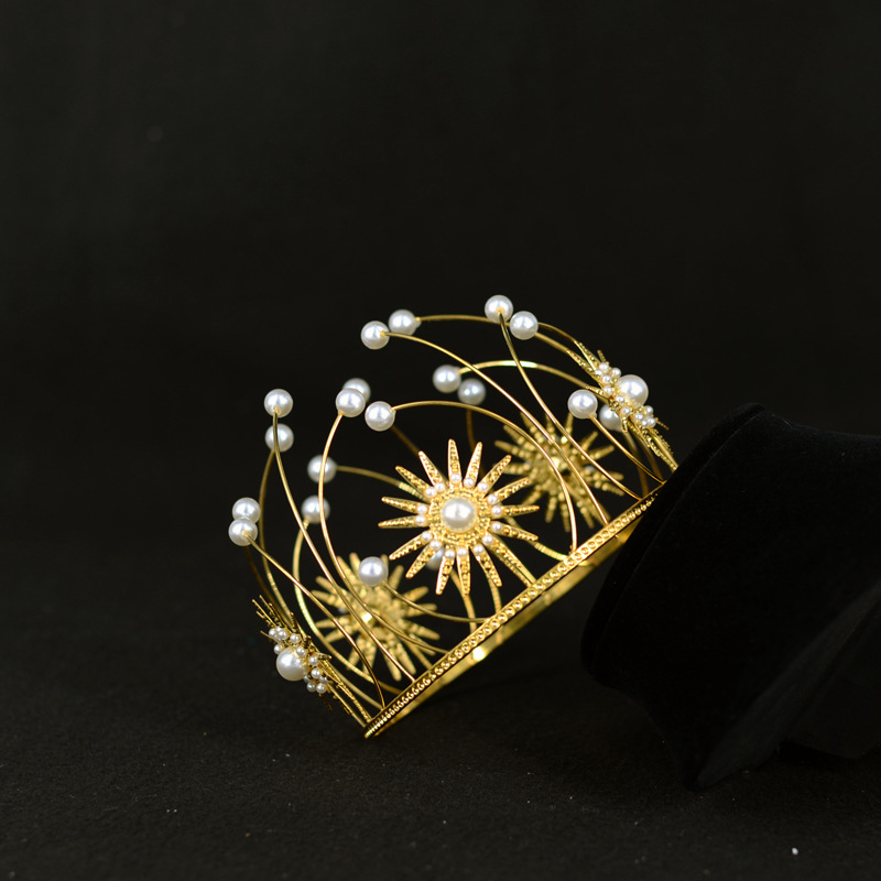 新娘婚庆装饰头饰王冠 珍珠太阳花公主女王皇冠 生日蛋糕鲜花摆件