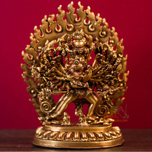 尼泊尔手工５寸铜全鎏金《时轮金刚护法像》家用室内客厅桌面摆件