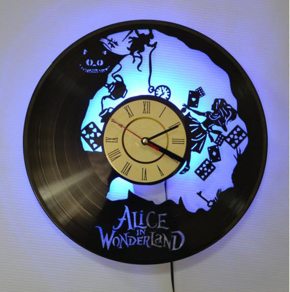 外贸出口黑胶时钟 爱丽丝梦游仙境唱片挂钟 创意复古家居装饰墙钟
