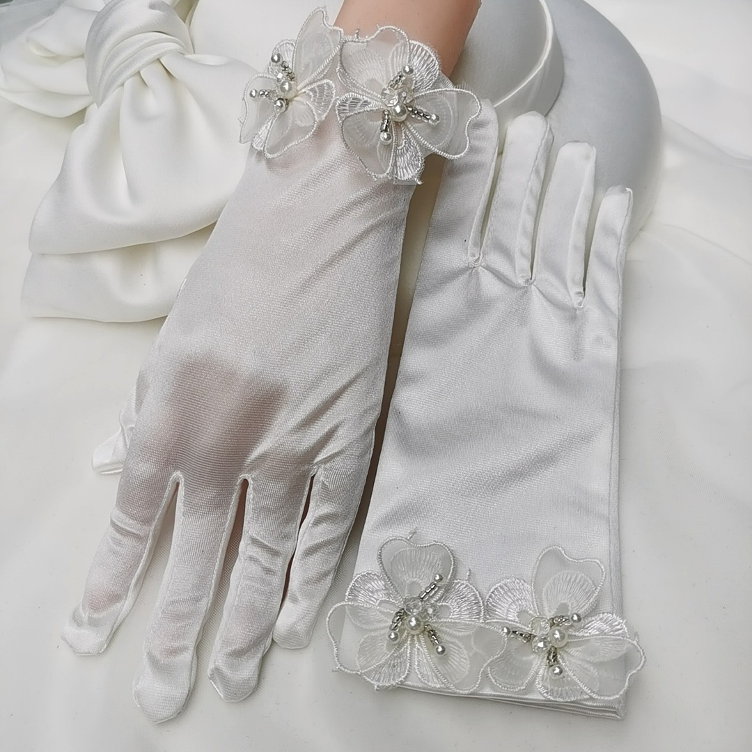 新娘白色缎面手套短款手工花朵全指韩式婚纱礼服拍照配饰