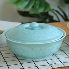 家用陶瓷大号汤碗盛汤品锅龙泉青瓷带盖汤碗缠枝牡丹浮雕加厚汤盆