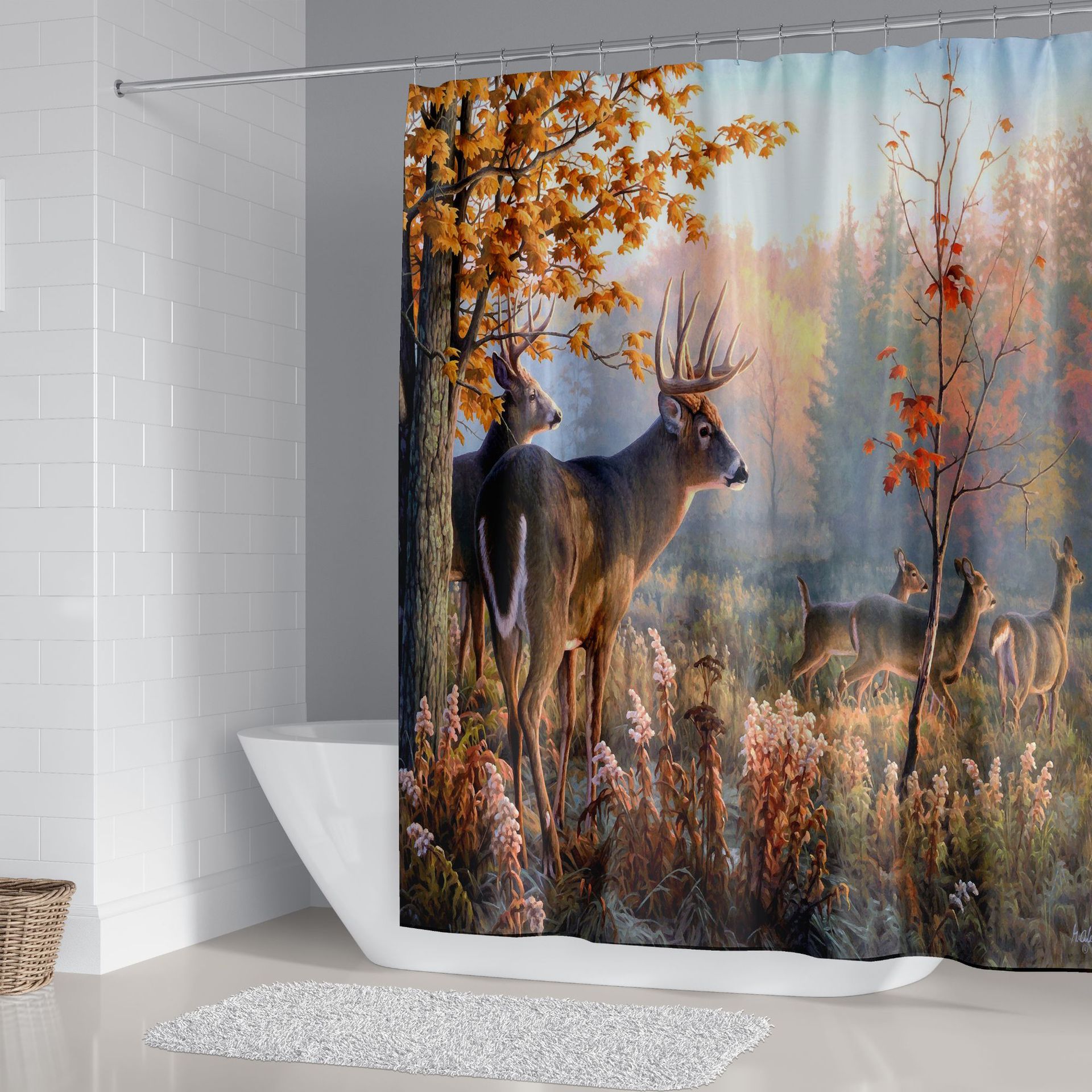 Cross-Border Shower Curtain Forest Deer Animal Shower Curtain Set Digital Printing Polyester Shower Curtain Punch-Free Bathroom Curtain Shower Curtain