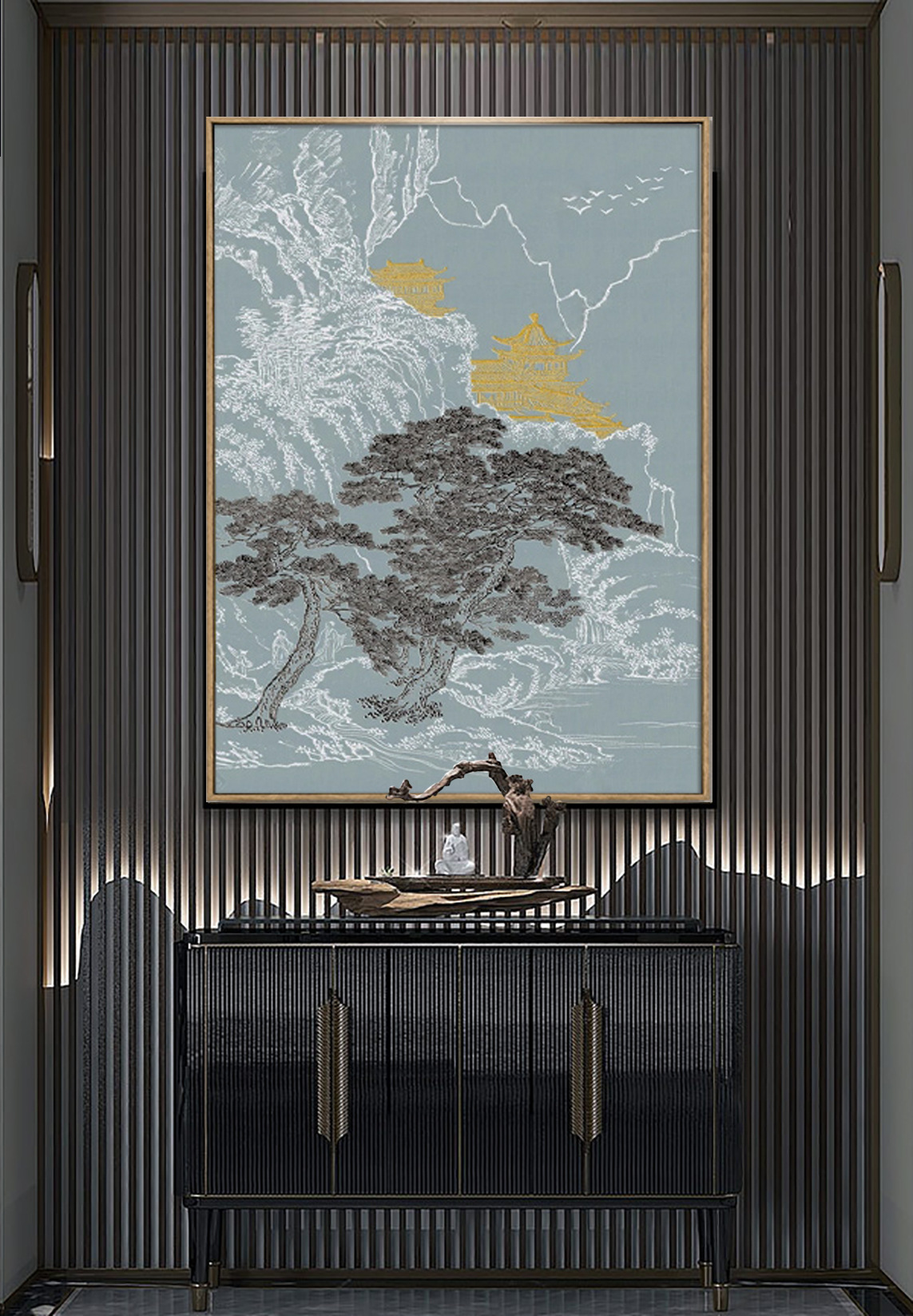 新中式禅意客厅装饰画中国风宫殿建筑壁画山水墙画中国风建筑挂画